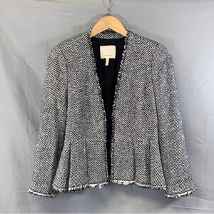 Rebecca Taylor Blazer Womens 6 Black White Boucle Tweed Open Front Fringe Peplum